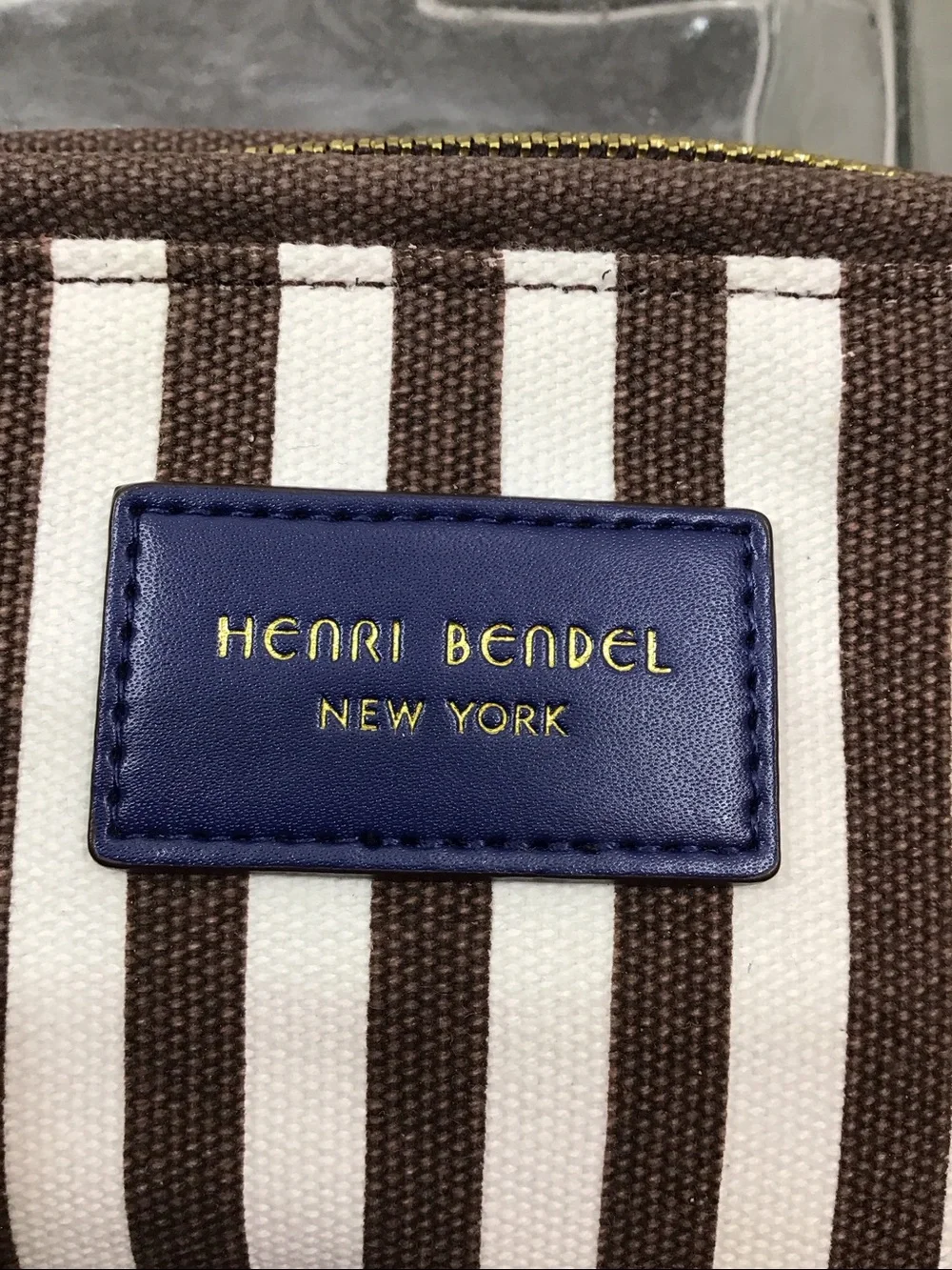 Henri Bendel iconic Centennial brown and white stripe dome cosmetic bag NIB